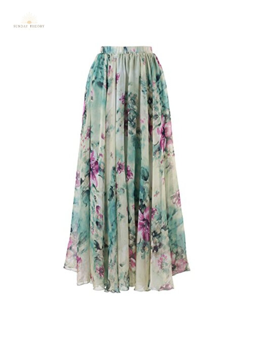 Floral Watercolor Chiffon A-Line Maxi Slip Skirt Pleated Lined